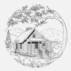 a drawing of a small cabin in the woods