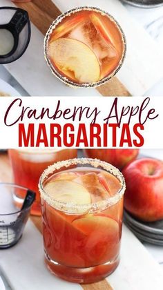 two glasses filled with apple margaritas on top of a cutting board