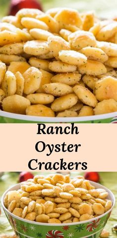 ranch oyster crackers in a green bowl and on a white plate with an apple