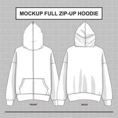 a full zip hoodie with the front and back views in white, on a gray background