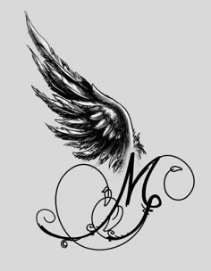 the letter m with wings and swirls in black ink on a gray background,