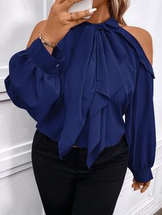 Plus Size Casual Elegant Simple Solid Color Open Shoulder Blouse, Autumn Women Shirt Royal Blue Elegant  Long Sleeve Fabric Plain Shirt Non-Stretch  Women Plus Clothing, size features are:Bust: ,Length: ,Sleeve Length: Open Shoulder Blouse, Navy Blouse, Plain Shirt, Plain Shirts, Style Mistakes, Inspiration Mode, Kids Sleepwear, Plus Size Blouses, Plus Size Casual