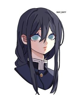 an anime character with long black hair and blue eyes