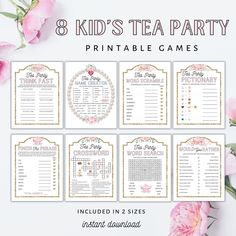 the 8 kids's tea party printable games are shown with pink flowers and greenery