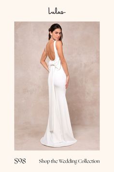 The Lulus Loving Fate White Bow Square Neck Backless Maxi Dress is destined to take a gorgeous bride like you down the aisle! This swoon-worthy dress has a stretchy, crepe knit fabrication that shapes wide straps that support a square neckline and a darted bodice. The high, fitted waist sits atop a cascading mermaid skirt that falls to a sweeping maxi hem with a romantic train at the back. Turn around to reveal a low scoop back and an oversized bow detail with long flowing sashes. Hidden side zipper/clasp. Fit: This garment fits true to size. Length: Floor length. Size medium measures 50.75" from shoulder to hem. Bust: Great for any cup size. Waist: Fitted - very fitted at natural waist. Hip: Fitted - stretchy fabric allows room for hips. Undergarments: May be worn with an adhesive bra, pe Backless Maxi Dress, Lulu Fashion, Backless Maxi Dresses, Mermaid Skirt, Medium Dress, White Bow, Dress 100, Bow Detail, Dress With Bow