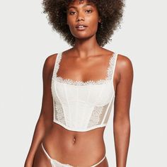 Size: Xs Adjustable Straps Wireless Lightly Lined Coconut White Lace Corset Top Brand New With Tags! Super Cute For Parties And Going Out Originally $70 White Lace Corset, Vintage Pajamas, Lace Corset Top, Black Mesh Top, Lace Bandeau, White Corset, Lace Bustier, Black Seamless, Women Corset