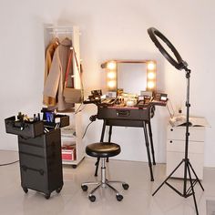 Yescom Professional Studio Makeup Station with Lighted Mirror and Self standing Legs can be placed on a countertop or become a freestanding kit by using the adjustable legs. Portable vanity case is specially designed for travelling and have a trip. High Quality: Free-standing portable makeup workstation with Lights, perfect for film production, studio and artist making up. Carry a Rolling Makeup Suitcase for traveling. Fire retardant material keeps the case cool and protects your cosmetics Four Makeup Studio Ideas, Makeup Suitcase, Portable Vanity, Makeup Studio Decor, Rolling Makeup Case, Travel Vanity, Makeup Station, Studio Makeup, Light Mirror