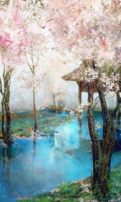 a painting of trees and water in the middle of a forest with pink flowers on it