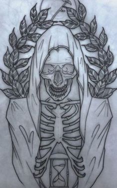 a drawing of a skeleton holding an hourglass in front of it's face