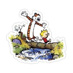 a sticker with a cartoon character riding on a log over a river and waterfall