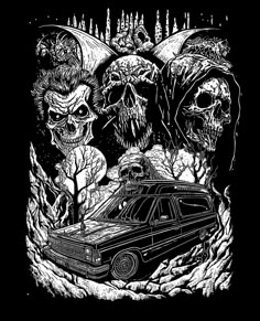 a black and white drawing of two skulls in front of a car with the hood up