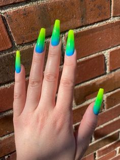 Yellow Ombre Nails, Green Ombre Nails, Nails Turquoise, Neon Green Nails, Green Acrylic Nails, Turquoise Nails, Yellow Ombre, Ombre Acrylic Nails, Orange Wood