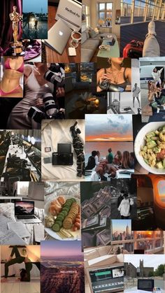 a collage of photos with people and food