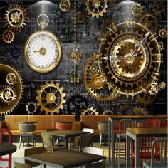 an image of a restaurant setting with clocks on the wall and tables in the middle