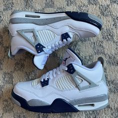 Worn Twice “Midnight Navy” Youth Sizing= Women’s 8-8.5 Bought From Goat Includes White And Navy Lace Sets Jordan 4’s, Shoe Wishlist, Shoes Air, Jordan 4 Retro, Lace Set, Womens Jordans, Air Jordan 4, Air Jordan 4 Retro, Navy Lace