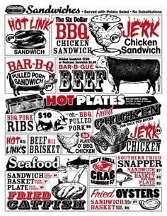 a poster with different types of food and words in red, white and black on it