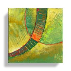 an abstract painting with green, yellow and red colors