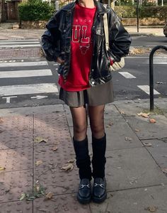 black leg warmers outfit idea, loafers, crewneck, leather jacket, ootd, grey skirt chicago bulls Loafers With Leg Warmers Outfit, Skirt And Loafers Outfit, Black Leg Warmers Outfit, Leather Jacket Ootd, Leg Warmer Outfits, Leg Warmer Outfit, Warmers Outfit, Leg Warmers Outfit, Jacket Ootd