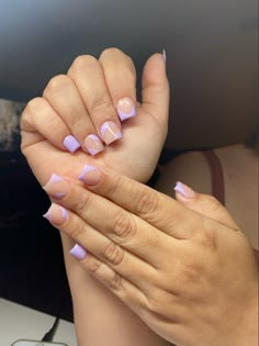 Purple French Tip Short Nails, Purple Acrylic French Tip Nails, Lavender Overlay Nails, Light Purple Gel Nails Short, Back To School Nails 4th Grade, Nails Acrylic Short Purple, Shorties Nails Purple, Light Purple Nails French Tip, Purple Nails Short Square