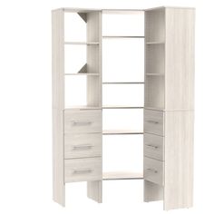 an open bookcase with drawers and shelves on the bottom shelf, in front of a white background