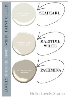 three different shades of white paint with the words sea pearl, maritime white, and pasmina