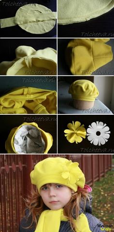 the steps to make a yellow hat with flowers on it are shown in several different ways