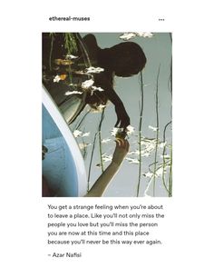 an image of a person reaching into the water with flowers in front of them and text that reads, you get a strange feeling when you're