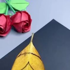 two roses and a banana on a table