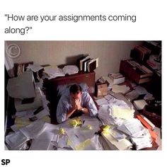 a man laying on top of a bed covered in lots of paper and paperwork with the caption me it's fine i'll just do all my work on sunday me on sunday