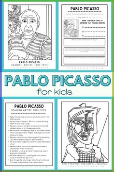 a poster with the words pablo picasso for kids in spanish and english