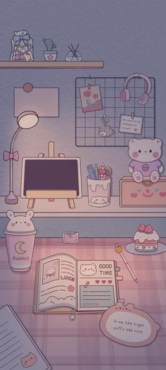 a desk with a book, cup and teddy bear on it