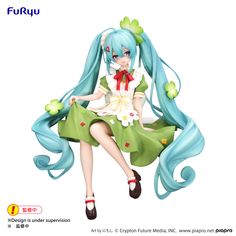 a figurine is sitting on the floor with long blue hair and green eyes