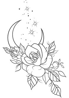 a black and white drawing of a rose with the moon in the sky behind it