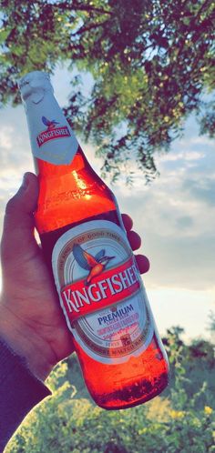 a person holding up a bottle of beer in front of some trees and grass with the sun shining on them