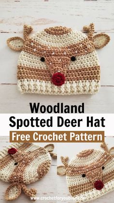 two crocheted deer hats with the text woodland spotted deer hat free crochet pattern