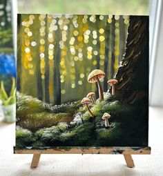 an acrylic painting of mushrooms in the forest by a tree with yellow lights