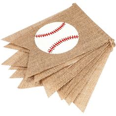 burlap banner with baseball on it and red stitching around the edges, set of 10