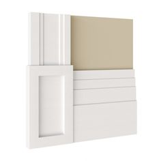 a white wall mounted cabinet with a beige paneling on the top and bottom panels