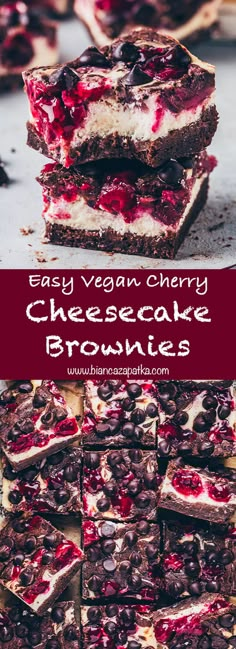 cheesecake brownies with chocolate and cherries are stacked on top of each other