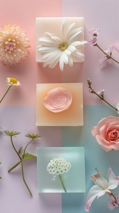 three soaps with flowers on them sitting next to each other in front of a pink and blue background