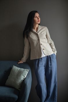 "This classic linen jacket is tailored from the highest quality soft-washed linen. Slightly fitted is perfect for effortless layering.  Can be paired with different pieces of clothing from mini dress to jeans to get the elegant or semi-casual look. Details and care: No lining Front buttons closure Classic lapels Long sleeves Front patch pockets 100% washed Lithuanian linen Dry clean or gentle hand wash. SIZE CHART:  XS-4 US/ 6UK/ 36 EU: Bust 33\" (84 cm) , Waist 25\" (63,5 cm), Hips 36\" (92 cm)  S-6 US/ 8UK/ 38 EU: Bust 35\" (88 cm) , Waist 26,5\" (67,5 cm), Hips 38\" (96 cm) M-8 US/ 10UK/ 40 EU: Bust 36\" (92 cm), Waist 28\" (72 cm), Hips 39\"(100 cm) L-10 US/ 12UK/ 42 EU: Bust 38,4 \" (96 cm) , Waist 30,4\" (76 cm), Hips 41,6\" (104 cm) The model is 1,74 cm (69.6 inches) in height and i Classic Linen Blazer With Pockets, Office Linen Blazer With Pockets, Linen Single Button Blazer For Office, Single Button Linen Blazer For Office, Fitted Linen Blazer With Pockets, Elegant Single Button Linen Sport Coat, Classic Linen Blazer For Office, Classic Linen Office Blazer, Classic Linen Workwear Blazer