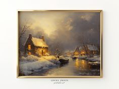 a painting of a winter scene with a boat in the water