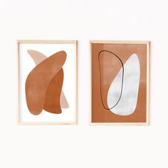 two abstract paintings hang on the wall next to each other, one is brown and white