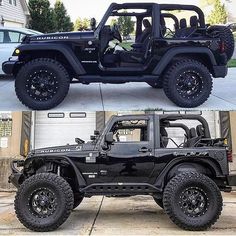 two pictures of the same jeep, one with black wheels and another with black tires