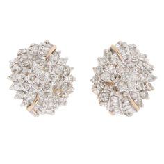 Vintage 14 karat yellow gold cluster diamond earrings, circa 1960. These vintage diamond cluster earrings are set with baguette and round brilliant diamonds at approximately 2.5 carat total weight having VS-SI2 clarity and G color. [EROS D212]   Dimensions .75″H x .62″W x .35″D Solvang Ca, Diamond Cluster Earrings, Diamond Gift, Eternity Band Diamond, Diamond Eternity, Cluster Earrings, Hinged Bangle, Baguette Diamond, Diamond Cluster