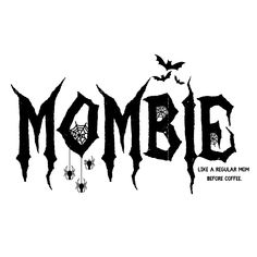 the word zombie written in black ink with bats and spider webs hanging from it