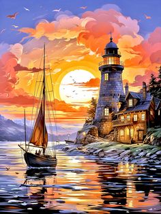 a painting of a lighthouse with a sailboat in the foreground and a sunset behind it