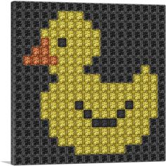 a yellow and black pixellated duck with an orange beak