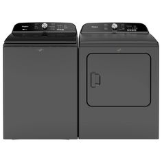 the front load washer and dryer are shown in black, with two doors open