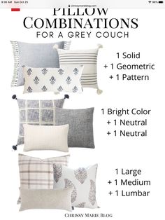 pillow combinations for a grey couch with text overlaying the image and below it